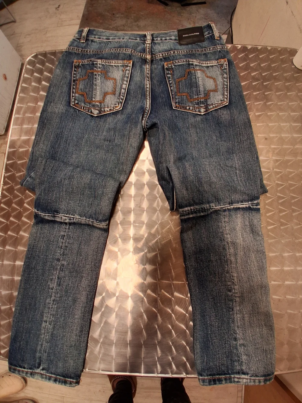 Pink Dolphin Men's Slim Straight Patchwork Jeans